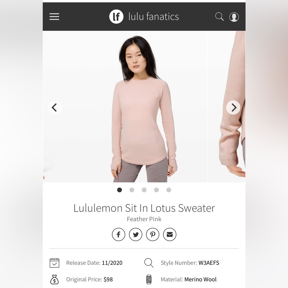 Lululemon Sit In Lotus Sweater
Merino Wool Feather Pink (I think)
Size 2